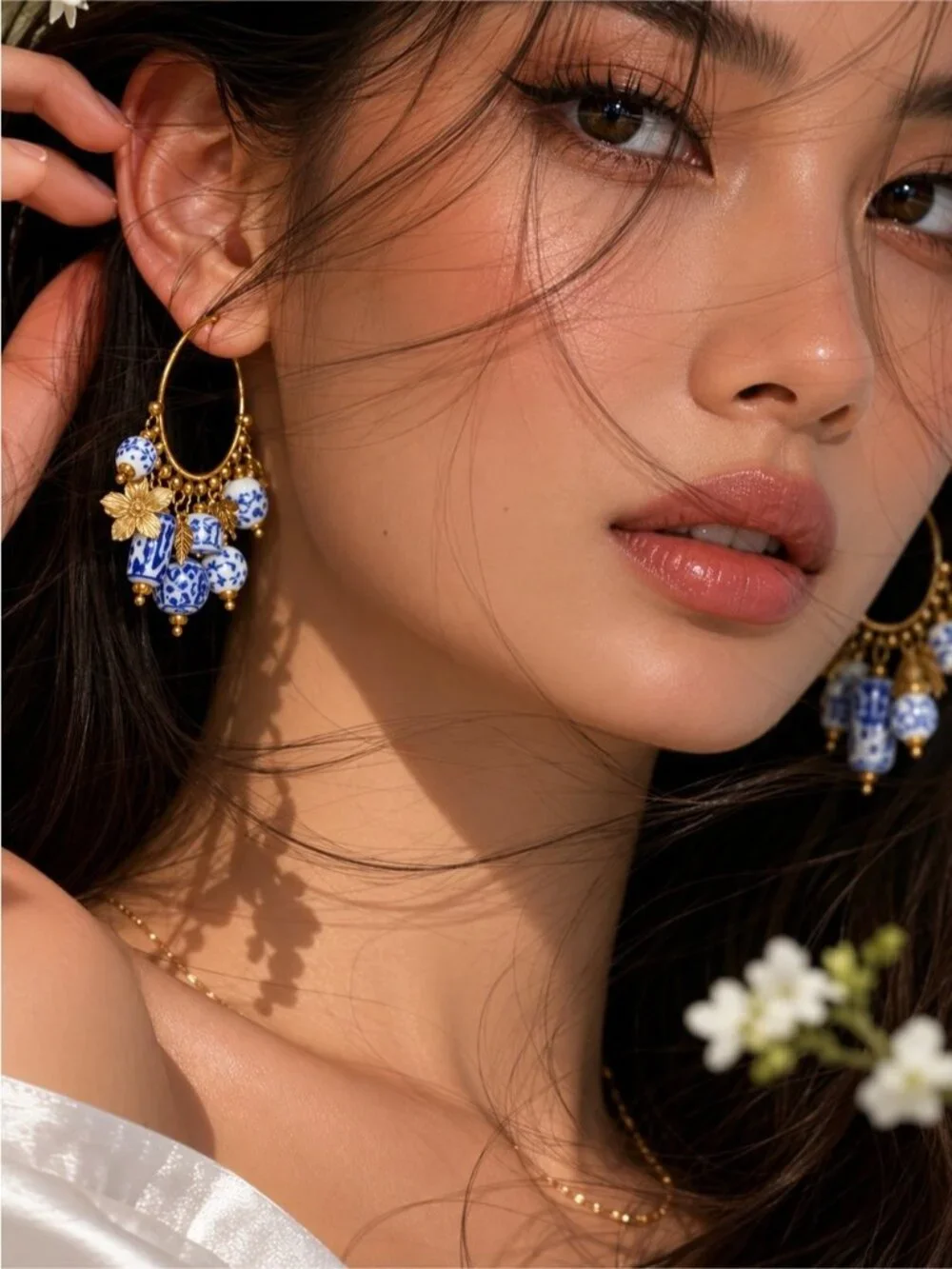 Gold Hoop Earrings with Blue and White Beads and Floral Charms